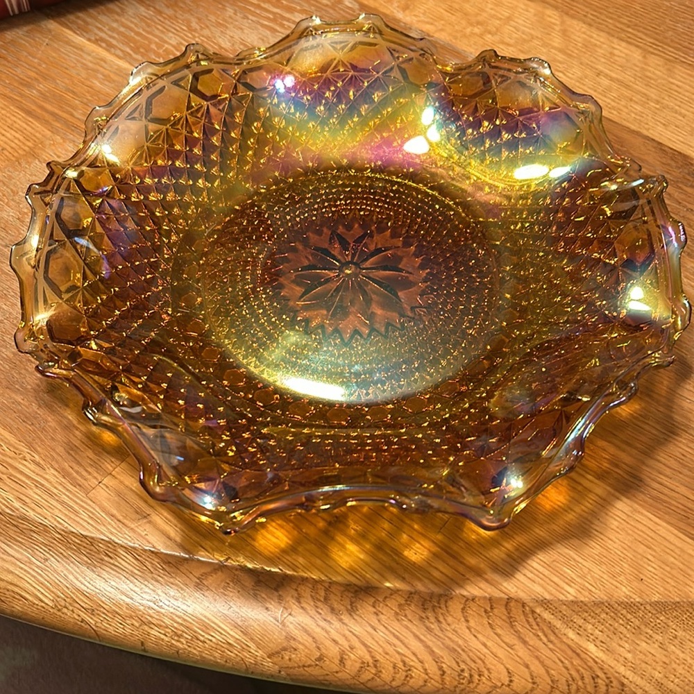 Vintage Indiana Glass Windsor Amber Iridescent 10" Crimped Round Bowl